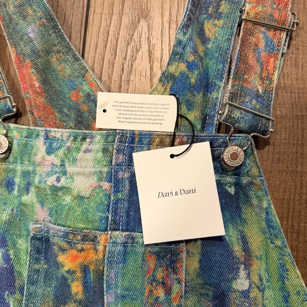 NWT Davi & Dani From The Ground Up Denim Overalls L Abstract Paint Wide Barrel - Picture 3 of 10